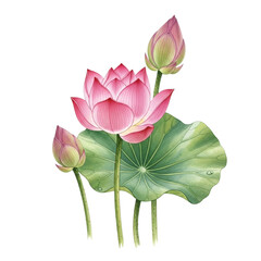 Pink lotus flower with buds and leaves isolated on transparent background