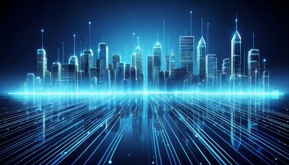 futuristic city skyline with glowing digital lines in a blue background