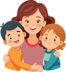 Cartoon Mother Hugging Children &ndash; Happy Family Vector Scene