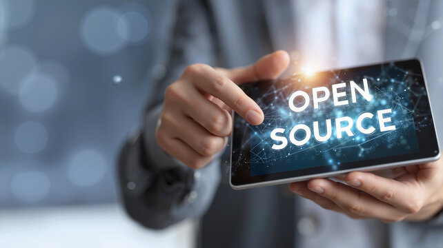  a businessman holding a tablet displaying the glowing holographic text "Open Source," symbolizing a cutting-edge technology, software development, and collaborative business concept.