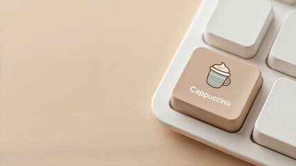  a white and beige computer keyboard key with the word "Cappuccino" and a coffee cup icon with foam, symbolizing a refreshing work break, pick-me-up, and the office coffee culture