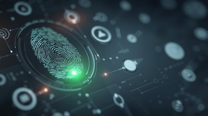 a digital fingerprint with glowing lines and biometric contours, highlighted by a vibrant green focal point symbolizing vitality and energy ,cybersecurity and data protection concepts