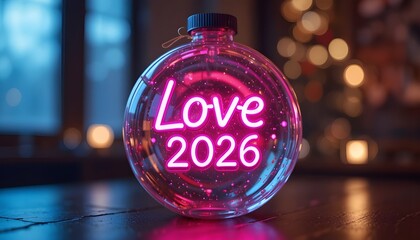 "Transparent glass ornament with pink neon glow inside, ‘Love 2026’ floating in the center"