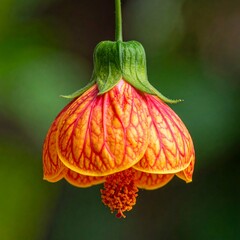 Close-up of a vibrant orange and red hanging flower.  Detailed petals with intricate vein patterns.  Soft-focus background