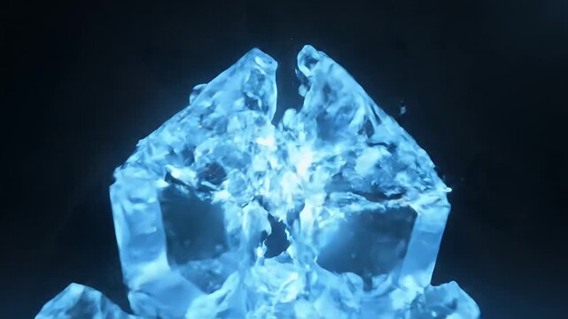 A luminous, multifaceted blue crystal stands majestically against a dark, minimalist background, radiating a soft, ethereal glow. Suddenly, with a burst of dynamic energy, the intricate crystalline st