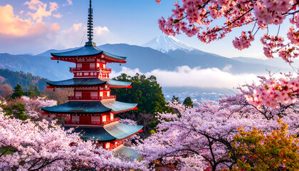 Fototapeta premium 春爛漫の桜が彩る寺院の塔と青空が広がる穏やかで荘厳な風景