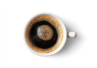 Overhead view of a white coffee cup filled with dark, rich espresso