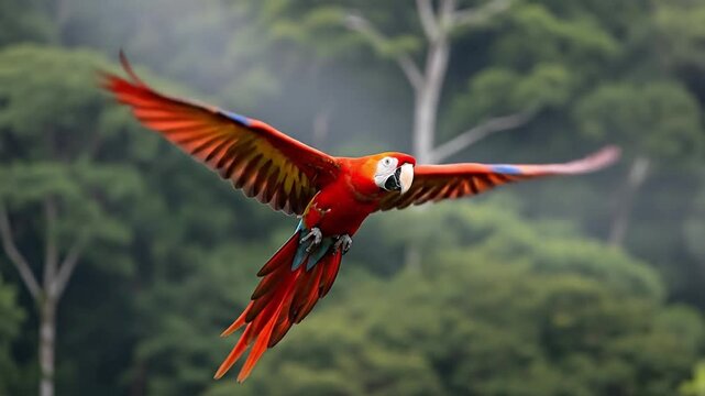 A magnificent parrot soars gracefully through the air, displaying its stunning, vibrant plumage of brilliant reds and yellows. Its powerful wings are fully extended in mid-flight, capturing the essenc