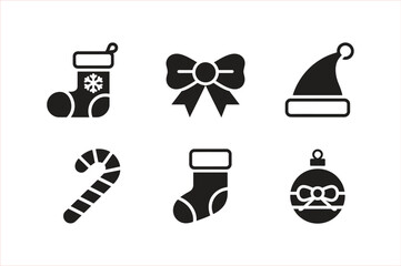 Minimalist silhouette christmas icons set festive holiday symbols snowflakes candy cane bow hat bauble stocking for design projects