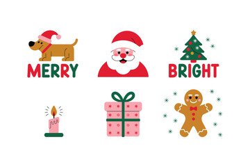 Cute minimalist christmas icons collection featuring santa claus gingerbread man christmas tree gift festive animal and candle with merry bright text for holiday season design