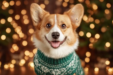 Cute Corgi Dog in Green Christmas Sweater Sitting by Festive Lights