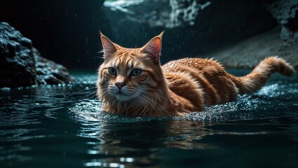 Majestic Orange Cat Swimming in Clear Water Cave
