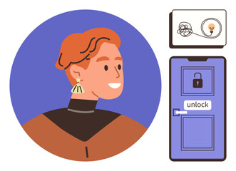 Side profile of a woman with an earring, a tangled line leading to a lightbulb, and a door unlocking. Ideal for problem-solving, creativity, innovation, unlocking potential, decision-making, growth