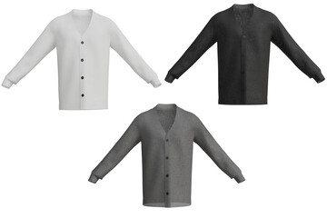 Three simple V-neck cardigans white, black, and grey, each with long sleeves and front buttons, displayed on a transparent background for casual wear