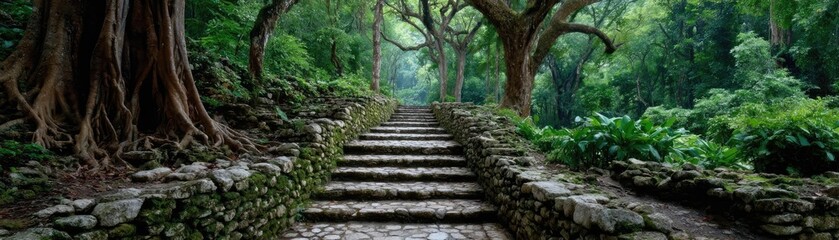 Fototapeta premium Ancient overgrown mayan temple ruins in jungle concept. Serene pathway through lush greenery in a tranquil forest.