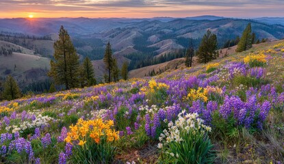 Obraz premium Sunset wildflowers on rolling hills. Breathtaking nature