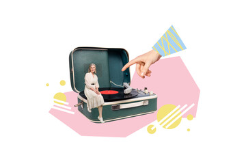 Composite photo collage of happy old woman sit old fashioned recorder vintage vinyl disk player party isolated on painted background