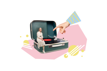 Composite photo collage of happy old woman sit old fashioned recorder vintage vinyl disk player party isolated on painted background
