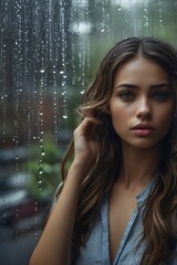 A young girl, sad and depressed, looks out of the window with raindrops on the glass window