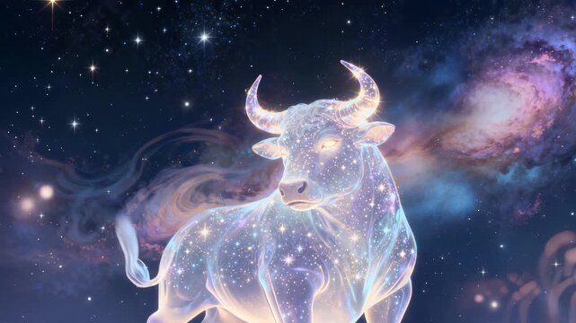 Ethereal starry bull constellation representing Taurus zodiac sign. Translucent cosmic creature with glowing horns against deep space background with nebula and stars