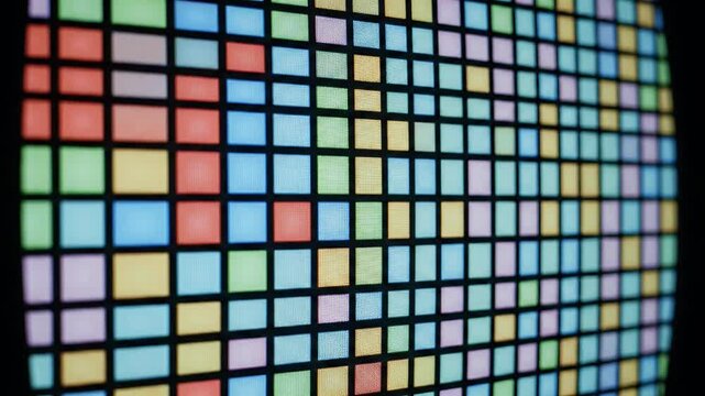 A mesmerizing close-up of a colorful grid of vibrant pixels displayed on an electronic screen, evoking a sense of digital technology and abstract data. The array of bright squares, arranged in a preci