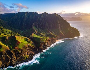 Aerial shot of lush, tropical coastline at sunset