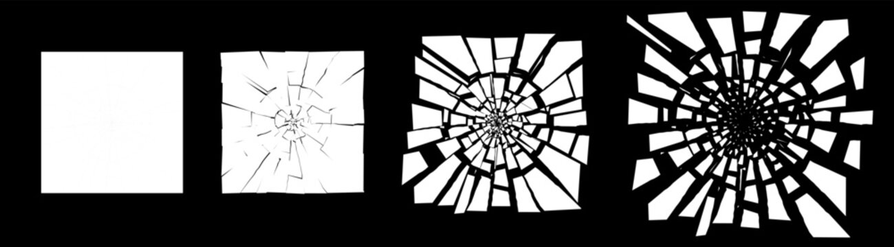 Square shattered glass pattern with flying fragments. Abstract burst vector background in black and white. Perfect for motion, explosion or sci fi digital effect concepts.