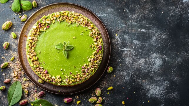 Green pistachio cake top view on dark grey background. Realistic photo on neutral background. Dessert presentation scene.