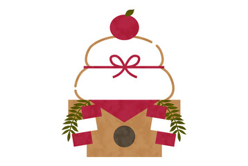 紅白の飾りが付いた鏡餅のベクターイラスト　水彩風