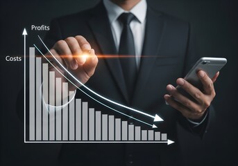 Photo of businessman in a suit pointing at a downward trending graph of costs and profit, illustrating financial decline and economic challenges