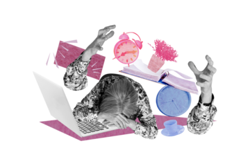 Trend artwork composite photo collage of blue backdrop caricature workspace tired exhausted lady work laptop deadline burnout tea break