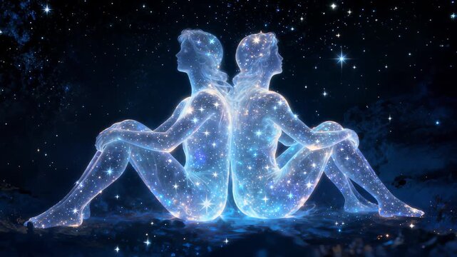 Translucent starry silhouettes of two interconnected figures positioned back-to-back, embodying Gemini constellation against deep blue cosmic background. Ethereal forms composed of luminous elements.