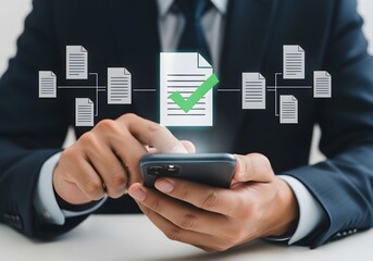 Photo of businessman using a smartphone to manage digital documents and data, with a checkmark indicating approval or completion of a task