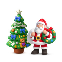 サンタクロースとクリスマスツリーのイラスト 3D