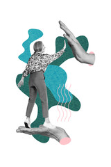 Trend artwork composite image photo collage of yellow caricature aged woman miniature stand arm hand gesture friendship support touch team