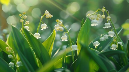Delicate lily of the valley flowers bloom in soft morning sunlight