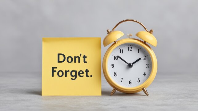 Bright yellow alarm clock beside sticky note with motivational phrase to keep reminders in mind for busy professionals and students in minimalist setting - Powered by Adobe