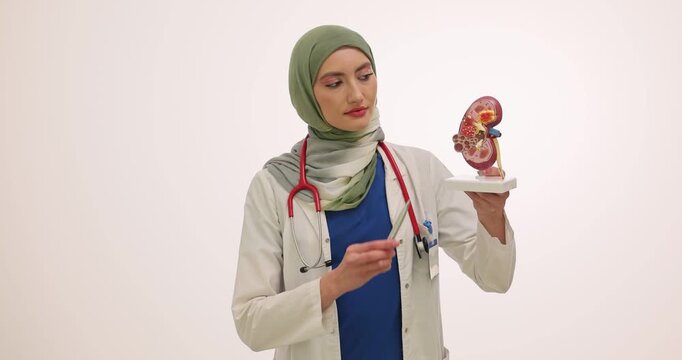 Doctor in hijab holds kidney model and points with pen. Muslim urologist explains organ function and recommends treatment plan at consult slow motion