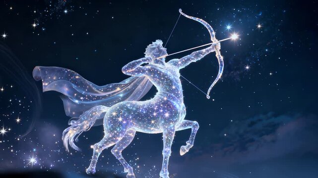Sagittarious zodiac sign. Luminous starry figure of mythical centaur archer drawing powerful bow against deep cosmic background, shooting arrow through sparkling stellar landscape