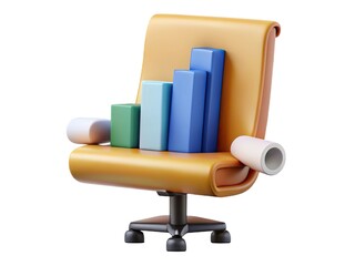 Office chair with growing bar chart and rolls of paper