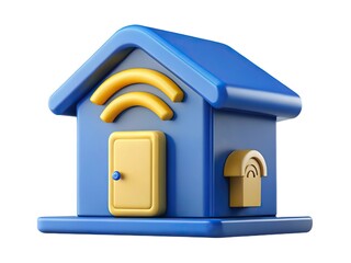 Blue 3d smart home icon with wi fi symbol and yellow door