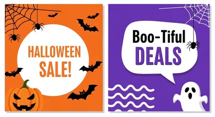 Vector art of halloween sale and bootiful deals on orange and purple background with spider and ghost