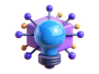 Abstract 3d illustration of a blue lightbulb connected to a geometric shape