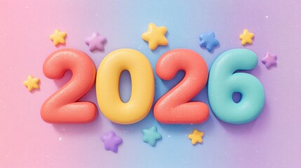 Colorful 2026 Year Celebration Design with Bright Pastel Colors, Stars and Fun Shapes on a Pink and Purple Background for Festive Occasions