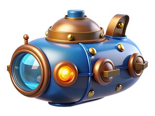 Whimsical blue steampunk submarine with brass accents