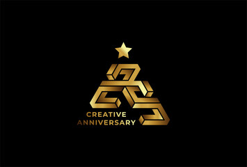 Golden 25 year anniversary celebration in triangular shape logo design with star symbol
