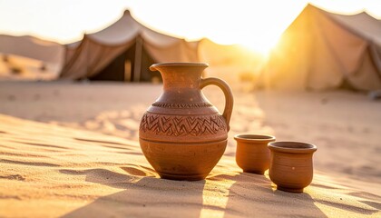 An ornate clay jug and cups sit on the warm desert sand in front of a tent at sunset