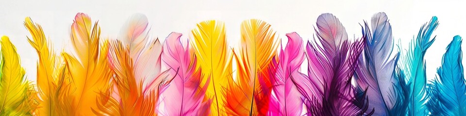 Vibrant rainbow feathers cascade with delicate textures, bringing light and color