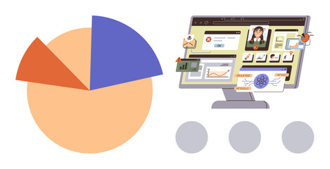 Pie chart representing data with a computer screen showcasing analytics, user profile, graphs, and notifications. Ideal for business strategy, analytics, teamwork, marketing, innovation