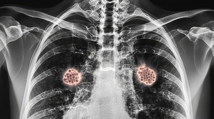Chest x ray shows dark masses within the lungs representing an illness.